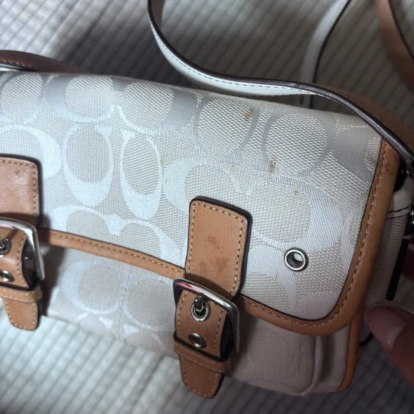vtg Coach Signature Monogram Canvas Leather Trim Shoulder Bag White Creme
